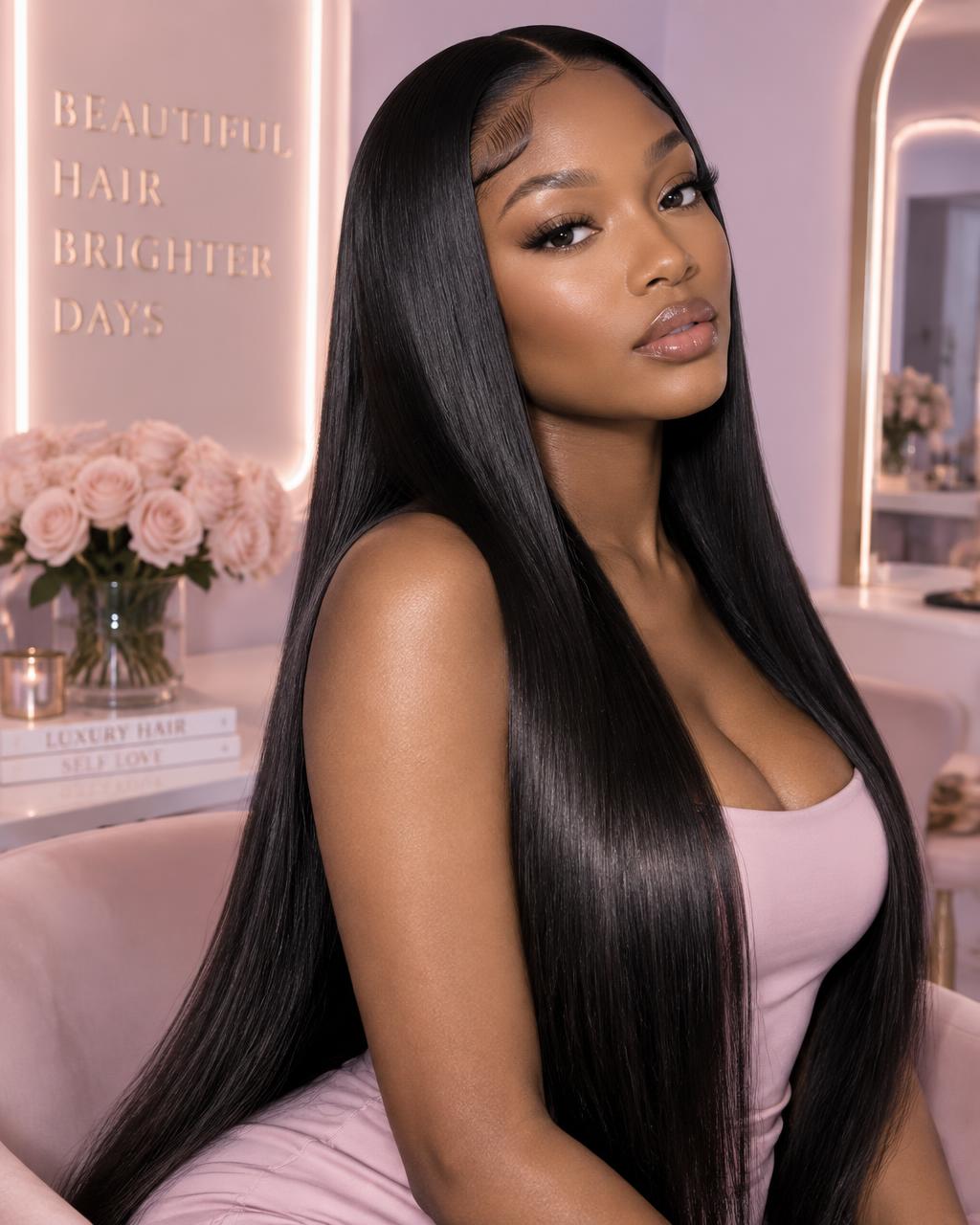Client with a flawless glossy wig install